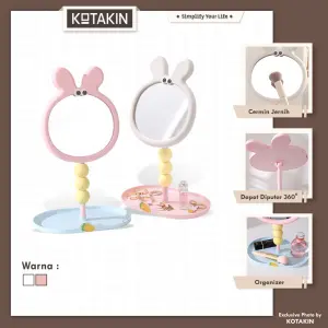 KOTAKIN Kaca Meja Rias Karakter Kelinci Dengan Alas Rotating Stand Make Up Estetik Organizer