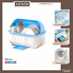 KOTAKIN Rak Piring Dapur Penutup Transparan Dengan Tirisan Air Penyimpanan Alat Makan Multifungsi