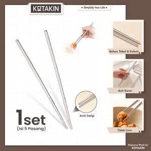 KOTAKIN Sumpit Stainless Steel Anti Slip 1 Set Sumpit Makan Elegan Anti Karat Jamur