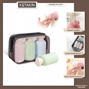 KOTAKIN Set Botol Travel Silikon 3 In 1 Wadah Skincare Lotion Sabun Anti Bocor Dengan Pouch